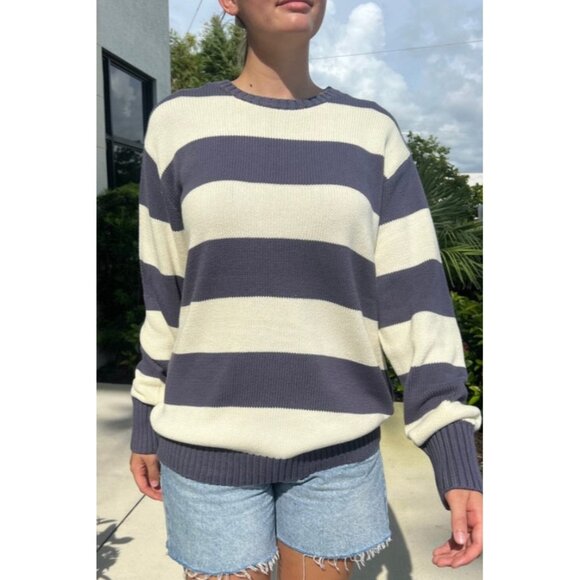 Brandy Melville Cotton Blue and White Striped Crew Neck Sweater L - Picture 1 of 4